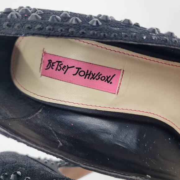 Betsey Johnson Black Embellished Studded Peep Toe 5' Platform Heels Size 9 - Picture 7 of 8